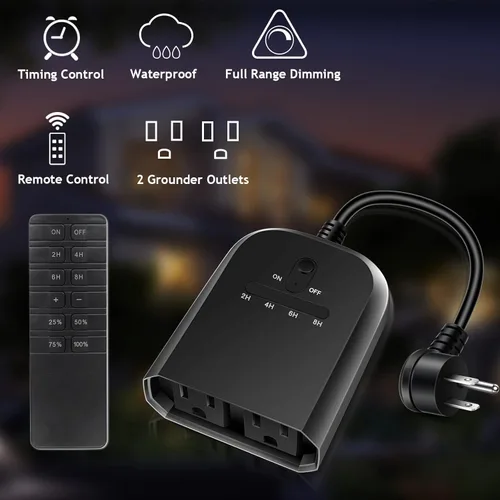 Miniatura 2 de Regulador de Intensidad para Luces de Cadena al Aire Libre, Enchufe Regulador de Luz con Control Remoto, Temporizador de Luz Impermeable