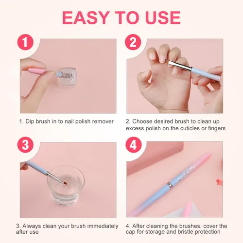 Miniatura 5 de 2 pinceles de limpieza para arte de uñas, pinceles de pintura para uñas con cabeza redonda y en ángulo, herramientas de pintura para diseño de arte