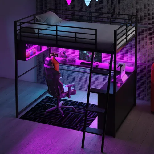 Miniatura 3 de P PURLOVE Cama tipo loft de tamaño matrimonial con escritorio para niños, cama alta de metal con LED y 4 estantes de almacenamiento, marco de cama