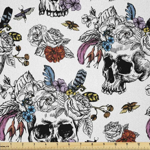 Miniatura 33 de Ambesonne The Yard, tela de calavera colorida con temática de Halloween, diseño de calavera y huesos cruzados, divertido estampado de dibujos