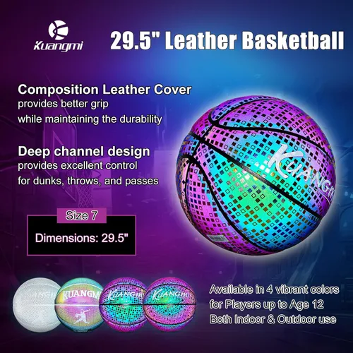 Miniatura 2 de Kuangmi Baloncesto reflectante brillante holográfico luminoso para juego nocturno, canasta iluminada, tamaño oficial 7 29.5 pulgadas