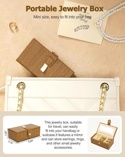 Miniatura 4 de Homde Joyero 2 en 1 para mujeres y niñas con estuche de viaje pequeño, espejo, collar, anillo y aretes, organizador (marrón + dorado)