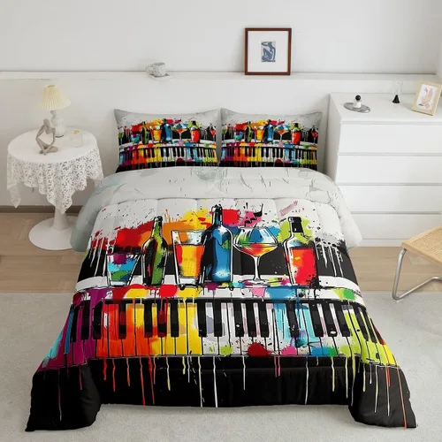 Miniatura 15 de Homewish Piano Music Comforter Set King Size,Musical Notes Bedding Set 3Pcs for Kids Girls Boys Teens Room Decor,Retro Graffiti Grey Gold Down Multi