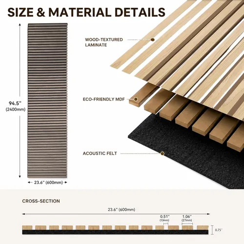 Miniatura 2 de Paneles de pared acústicos de madera de 94.5 x 23.6 pulgadas, paneles de pared flexibles 3D insonorizados, panel de pared de listones de madera