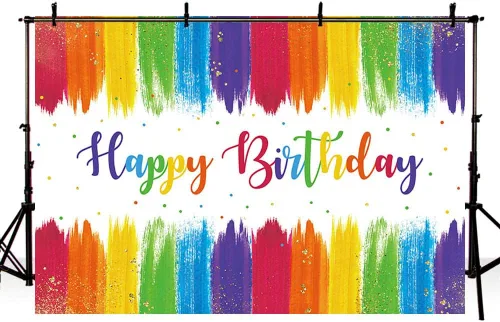 Miniatura 4 de AIBIIN Pintura de fondo de feliz cumpleaños de 7 x 5 pies, suministros de decoración de fiesta de arco iris, confeti colorido, grafiti, pared