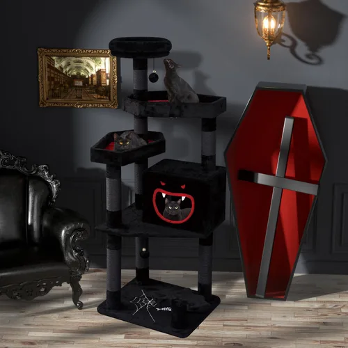Miniatura 2 de YARUOMY Árbol gótico para gatos con cama de ataúd, torre negra de 62.5 pulgadas con espacioso condominio para gatos estilo demonio, percha de felpa