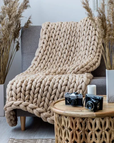 Miniatura 2 de Manta de punto grueso de 50 x 60 pulgadas, manta gigante tejida a mano con hilo 100% de lana merina, hecha a mano para cama, sofá, manta bohemia
