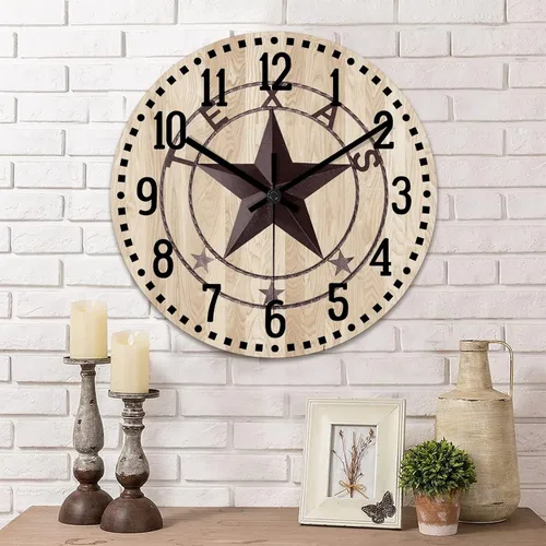 Miniatura 10 de Reloj de pared clásico de estilo rústico con estrella de Texas occidental, reloj analógico de madera silencioso sin tictac, funciona