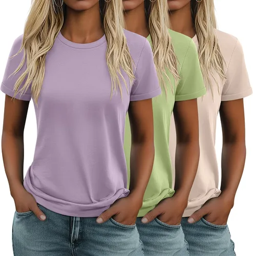 Miniatura 12 de Huukeay Paquete de 3 camisetas de algodón para mujer, estilo casual, de manga corta, cuello redondo, ajuste holgado, básica, lisa