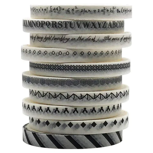 Juego de 12 rollos de cinta washi adhesiva japonesa de 5 mm de ancho, estilo minimalista en negro y blanco, para planificador, diario bullet, Negro
