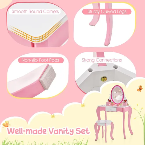 Miniatura 4 de Costzon Vanity - Juego de tocador para niñas con espejo y taburete, cajón, rejillas de almacenamiento, tocador 2 en 1, tocador de maquillaje, mesa