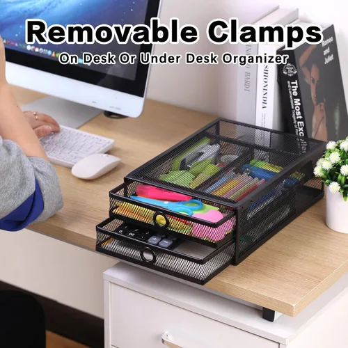 Miniatura 3 de ROSYLINE Organizador de cajones para debajo del escritorio y escritorio, organizador de cajones deslizantes de metal de 2 niveles, almacenamiento