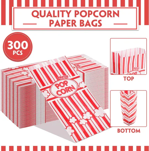 Miniatura 7 de Potchen 300 bolsas de papel de palomitas de maíz, desechables, resistentes a la grasa, a rayas, contenedor de palomitas de maíz para noche, cine