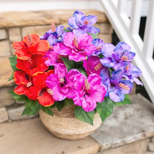 Miniatura 6 de HyeFlora Flores artificiales para exteriores, hibisco sintético, decoración exterior de verano, 4 paquetes de plantas artificiales tropicales