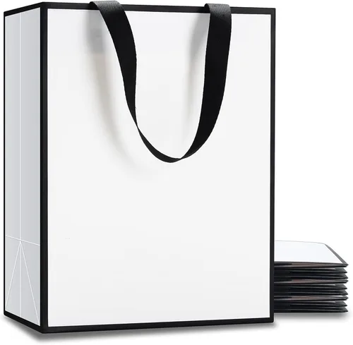 Miniatura 28 de Bolsas de regalo blancas con asas, 10 bolsas pequeñas de papel blanco de 5.25 x 3.75 x 8 pulgadas con asas de cinta, bolsa de compras de papel kraft