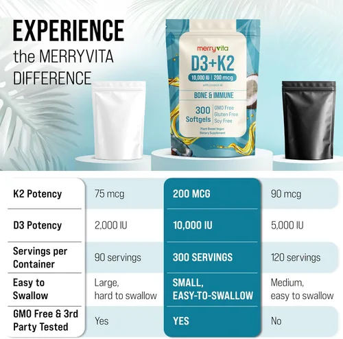 Miniatura 6 de MERRY VITA Vitamina D3 K2 300 cápsulas blandas – 10000 UI y 200 MCG K2 MK7 – A base de plantas, vegano, sin OMG, sin gluten – Aceite de coco