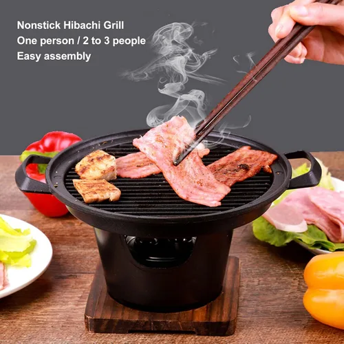 Miniatura 2 de Parrilla de carbón, parrilla de carbón portátil Hibachi japonesa con base de madera, 8.46 x 6.89 x 5.31 pulgadas, parrilla portátil sin humo