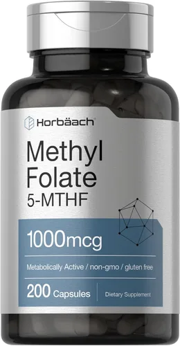 Horbäach Suplemento de metil folato | 1000 mcg | 200 cápsulas | 5-MTHF | Ácido fólico | Sin OMG, metilfolato sin gluten