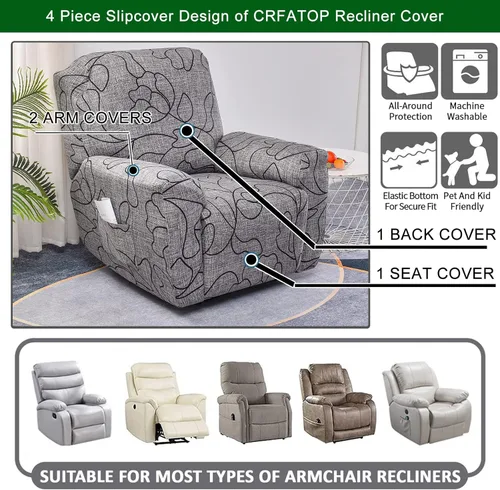 Miniatura 5 de CRFATOP Funda para sillón reclinable con estampado floral con bolsillos, funda única para sillón reclinable, 4 piezas, funda para sillón reclinable
