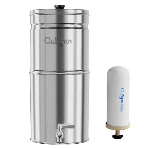 Culligan MaxClear - Sistema de filtro de agua por gravedad de 2.25 galones, filtro de agua de acero inoxidable pulido para encimera, certificado