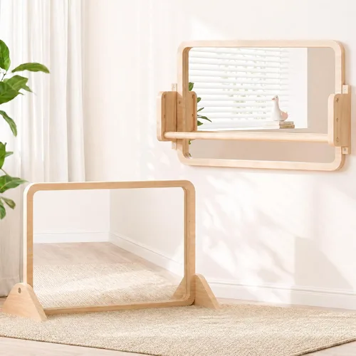 Miniatura 10 de Woodtoe Espejo Montessori con barra, juguetes ajustables para bebés, marco de madera maciza sin pintar natural y barra de dominadas para bebés