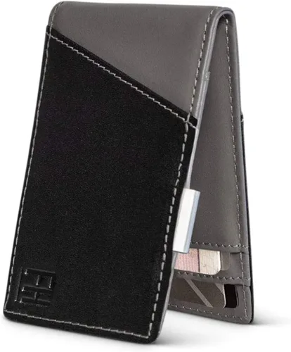 FH Signature - Cartera delgada con bloqueo RFID para hombre con clip de metal para dinero en cuero de grano superior Negro Gris 425 x 275 Cartera