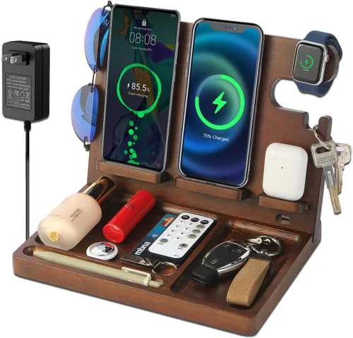 Miniatura 9 de Base de carga para teléfono de madera Xunhomon, estación de carga inalámbrica de 27W de carga rápida para 2 teléfonos para iOS/Android/iWatch/Air
