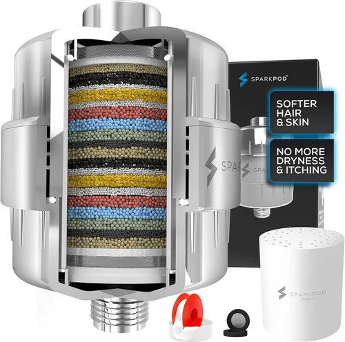 SparkPod Filtro de cabezal de ducha de 23 etapas para cabello seco y piel – Filtros de ducha universales de alto rendimiento para eliminar productos