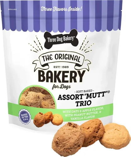 Three Dog Bakery Assort Mutt Trio, 48 onzas – Deliciosas golosinas para perros con avena, manzana, mantequilla de maní y vainilla, golosinas premium