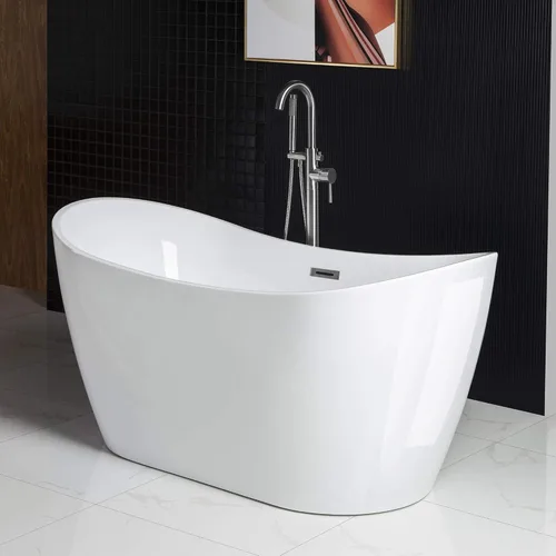 Miniatura 5 de WOODBRIDGE - Bañera independiente de acrílico, 59 pulgadas, bañera contemporánea de remojo, color blanco, con desbordamiento y desagüe de cromo