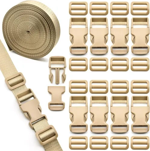 Juego de correas de hebillas de 1 pulgada con correa de nailon de 10 yardas, 10 hebillas de plástico de liberación lateral rápida, 20 clips Caqui
