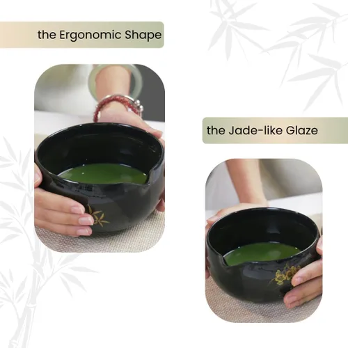 Miniatura 7 de Juego de batidor de matcha, 8 piezas de oro de flor de ciruelo para ceremonia de té japonesa, cuenco de cerámica con boquilla, batidor de bambú