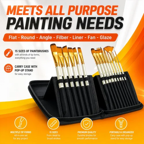 Miniatura 3 de DUGATO Juego de 15 pinceles para pintura artística con estuche emergente, cuchillo de paleta y esponjas, pelo de nailon para pintura acrílica, óleo