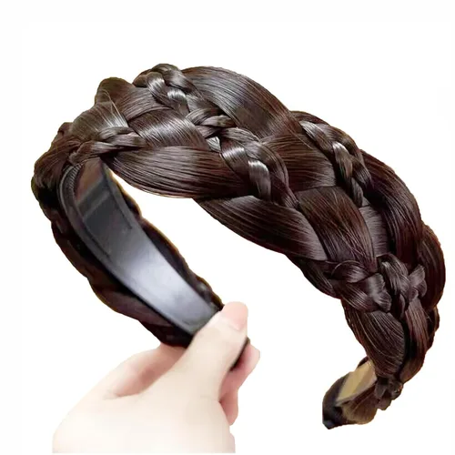 Miniatura 22 de Diadema de 4 hebras de cabello sintético trenzado, diadema trenzada con dientes, accesorio de belleza, diadema elástica para mujer (marrón oscuro)