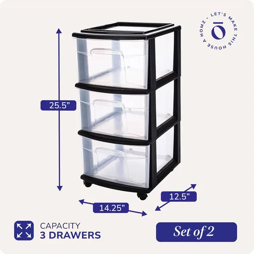 Miniatura 3 de HOMZ Paquete de 2 torres de cajones, carrito organizador de almacenamiento de plástico transparente de 3 niveles, marco negro - Contenedores