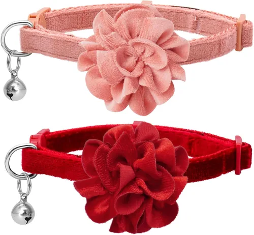 azuza Paquete de 2 collares de gato floral con campana y corbatín de flores extraíble, ajustable, tela de terciopelo para mascotas, decoración