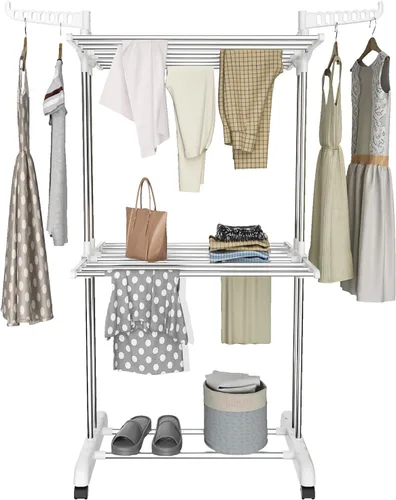 Miniatura 7 de Bigzzia Tendedero de Ropa Plegable Tendedero de Secado de Ropa de 4 Niveles Tendedero de Ropa con Dos Alas Laterales de Acero Inoxidable Gris