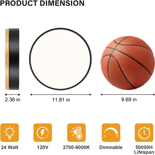 Miniatura 2 de Moderna lámpara de techo de madera regulable, lámpara de techo redonda negra LED empotrada, lámpara de techo minimalista para cocina, dormitorio
