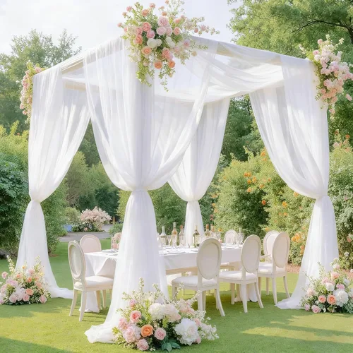 Miniatura 6 de Tela drapeada para arco de boda de 28 x 19 pies, telón de fondo de tela de gasa transparente, 2 paneles de cortinas blancas para decoración
