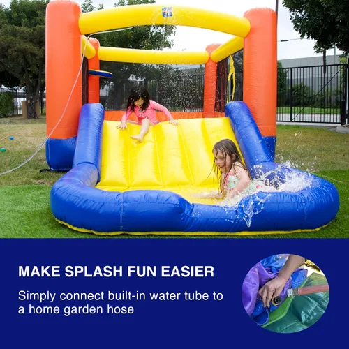 Miniatura 4 de JumpOrange Tobogán acuático naranja pequeño con piscina para niños pequeños y niños pequeños (con soplador), salto y tobogán, aro de baloncesto