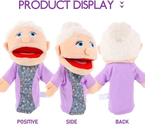 Miniatura 5 de Marioneta de mano para abuela, figura de miembro de la familia con boca móvil, marioneta de mano de felpa, juguetes de simulación, accesorios
