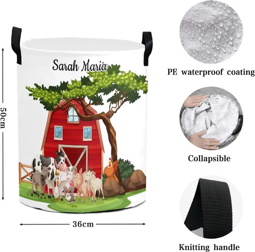 Miniatura 5 de Cesta de lavandería personalizada con diseño de animales de granja, asa redonda de almacenamiento, impermeable, plegable, de gran capacidad