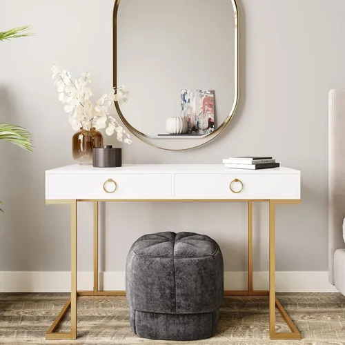 BELLEZE Mesa de Tocador con 2 Cajones, Escritorio para Computadora de 45 Pulgadas, Mesa de Maquillaje Moderna, Mesa de Vestir, Escritorio para Blanco