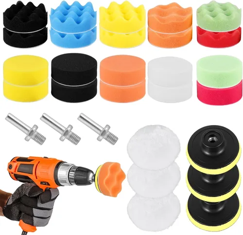 HOTBEST Kit de 29 almohadillas de pulido para automóvil, taladro de espuma de coche de 3 pulgadas, almohadillas de pulido lavables, almohadillas de