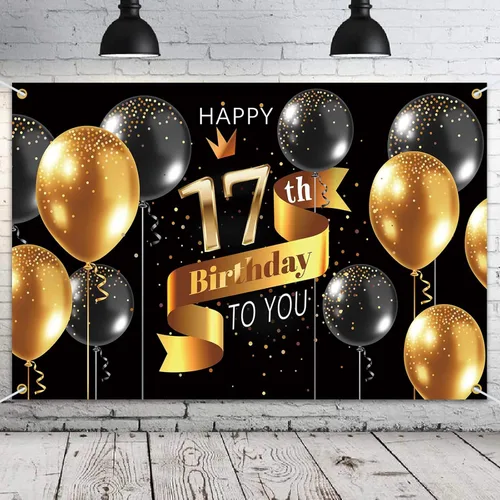 Miniatura 20 de Cartel de fondo de feliz cumpleaños 15 – Suministros de decoración de fiesta de cumpleaños 15 para niños – Oro negro 3.9 x 5.9 pies