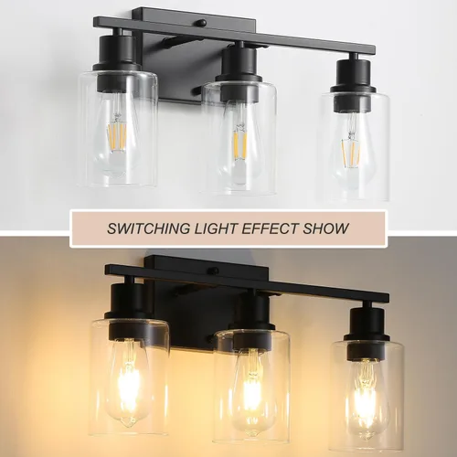 Miniatura 5 de Lámparas de tocador de baño de 3 luces, apliques de pared negro mate con pantallas de vidrio transparente, iluminación de pared moderna de granja