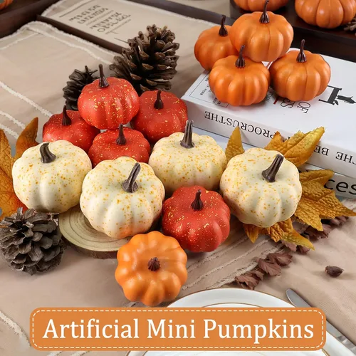 Miniatura 8 de LZNPA Juego de 16 mini calabazas artificiales artificiales con hojas de otoño, espuma de plástico tallable, pequeñas calabazas blancas