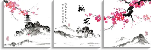 Miniatura 49 de Arte de Pared de Acuarela de Estilo Asiático Tradicional Chino Pájaro en Rama de Flor de Cerezo Roja Decoración Paisaje Floral Oriental Pintura