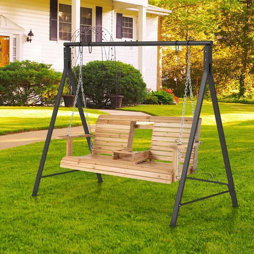 Miniatura 6 de Tangkula Columpio de porche con soporte, columpio colgante de madera para patio con 2 portavasos y marco de metal resistente en forma de A, columpio