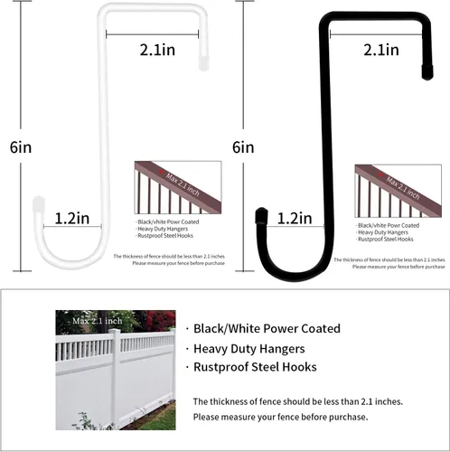 Miniatura 2 de Ganchos para valla de vinilo, paquete de 6 ganchos colgantes de pérgola de patio de 2 x 6 pulgadas, ganchos de acero con recubrimiento en polvo